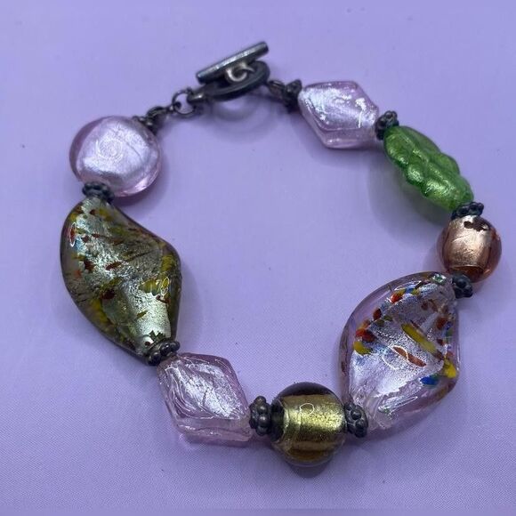 Murano Style Art Glass Lampwork Bracelet Multicolor Foil Beads Toggle Clasp 7.5” - Picture 1 of 2